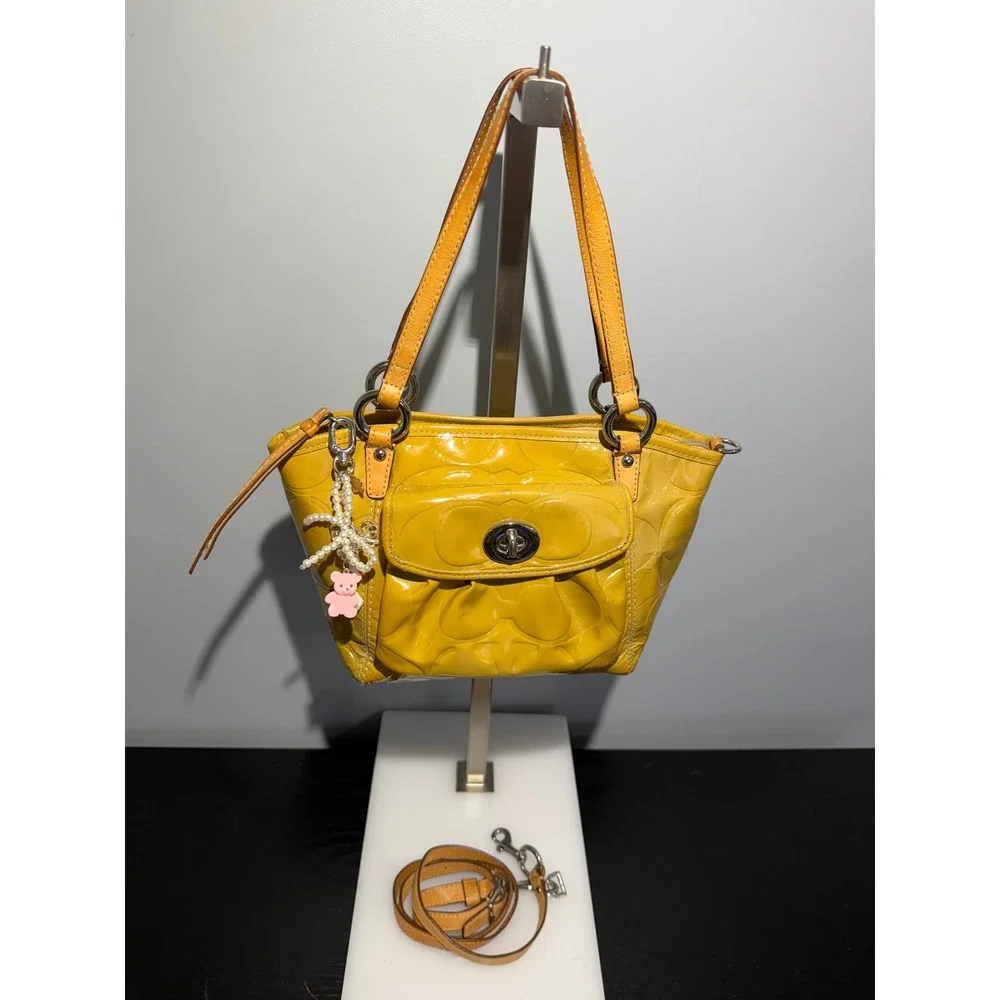 Coach Yellow Embossed Patent Leather Satchel Handbag F14729 with Charm